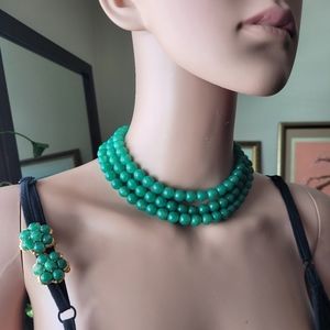 Vintage | Green & Gold Beaded Choker and Clip-on Earring Set